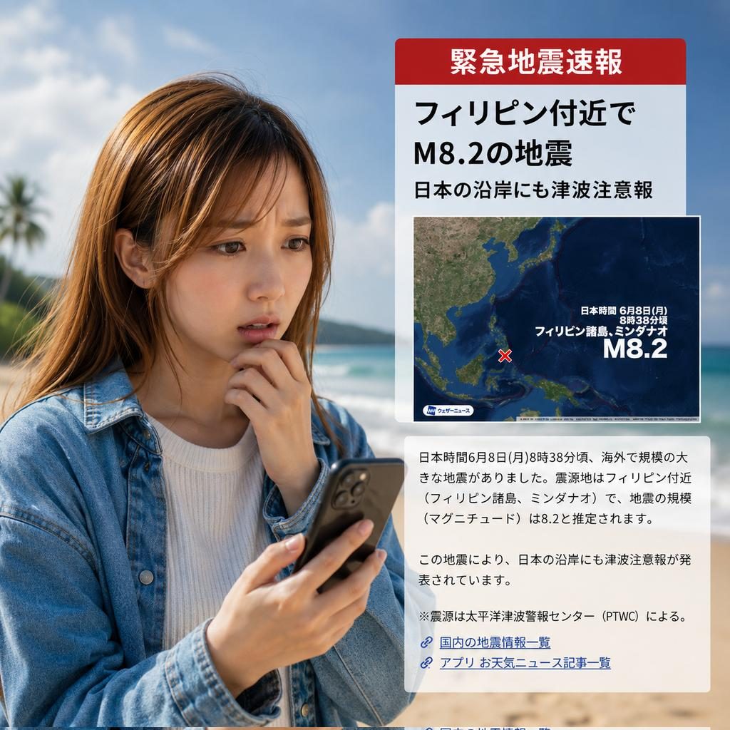 Young East Asian woman with long brown hair looking concerned while checking her phone on a sunny tropical beach, overlaid with a Philippines earthquake news alert graphic.