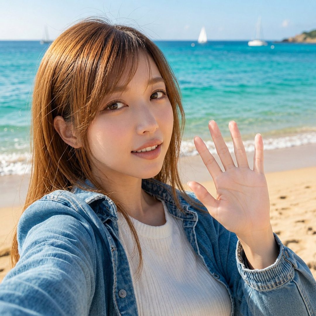 Young woman with long brown hair taking a sunny beach selfie while waving, ocean and sailboats in the background.