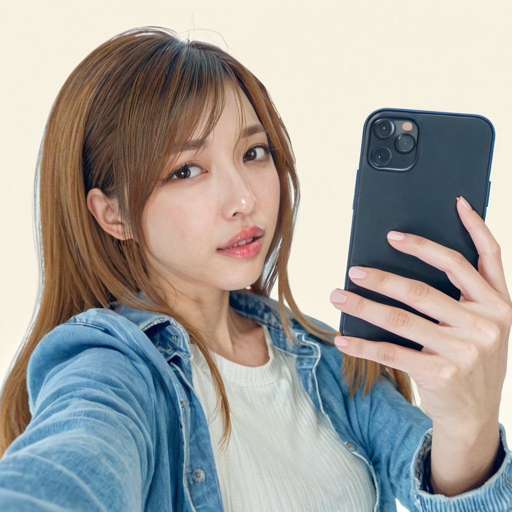 Young East Asian woman with long brown hair taking a casual selfie indoors while wearing a denim jacket.
