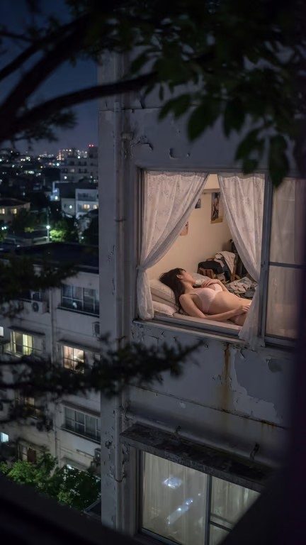 AI-generated portrait of a young woman lying on a bed in a dimly lit apartment at night, viewed through an open window with city lights in the background.