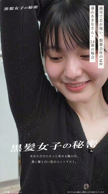Close-up portrait of a smiling young Japanese woman with long black hair and bangs, wearing a black knit cardigan.