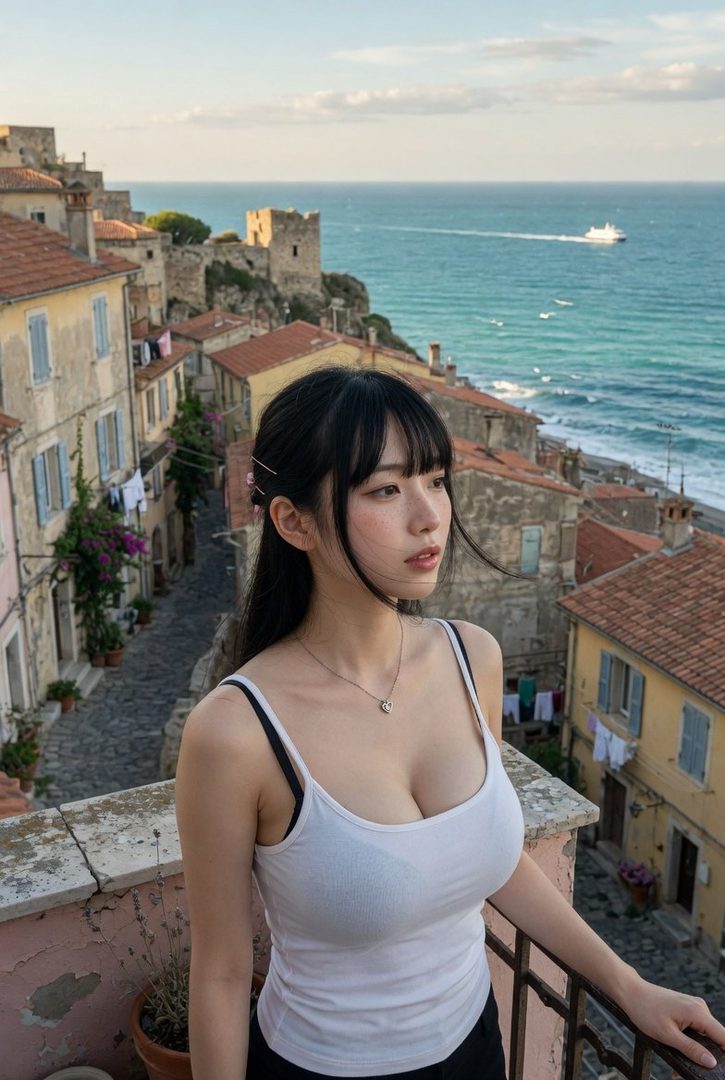 A young East Asian woman with long black hair and bangs posing on a rooftop balcony overlooking a historic coastal town and turquoise sea.