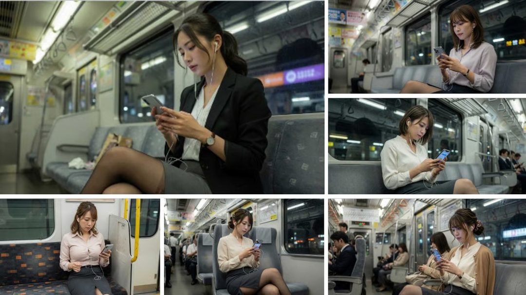 Collage of elegant Japanese women in business attire checking their phones while seated on a train.