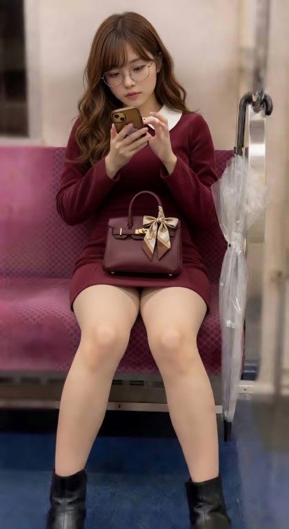 Young woman with long brown hair and glasses in a maroon dress, sitting on a pink bench inside a train while checking her smartphone.