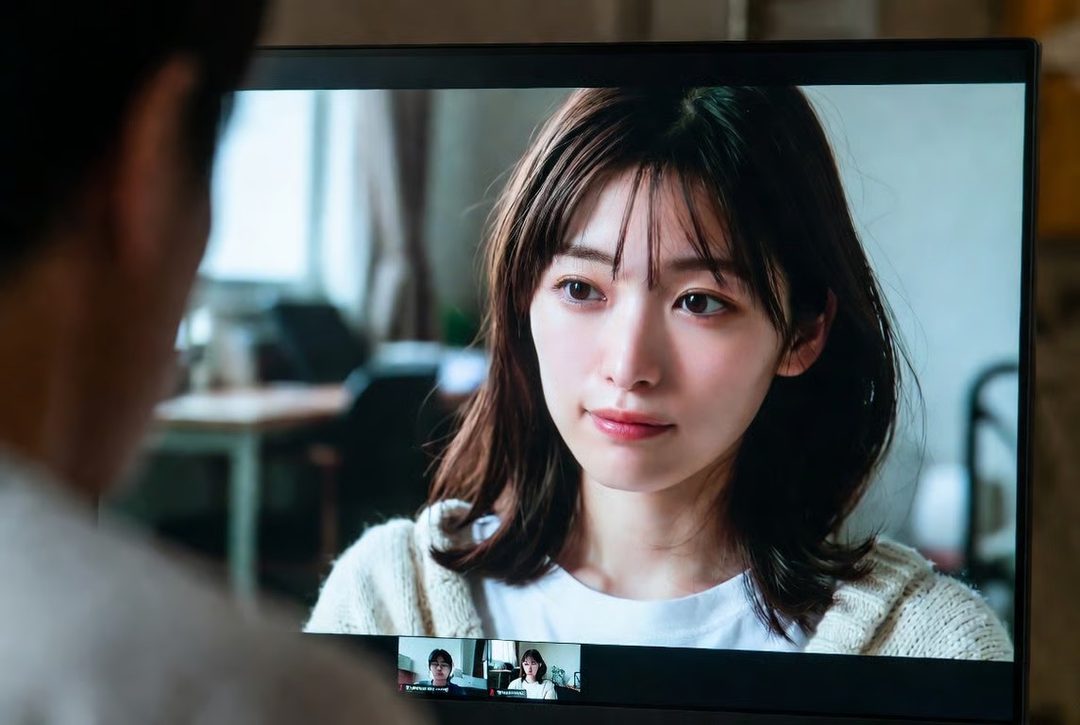 Young Japanese woman with shoulder-length brown hair and soft smile appears on a television screen in a casual indoor setting.