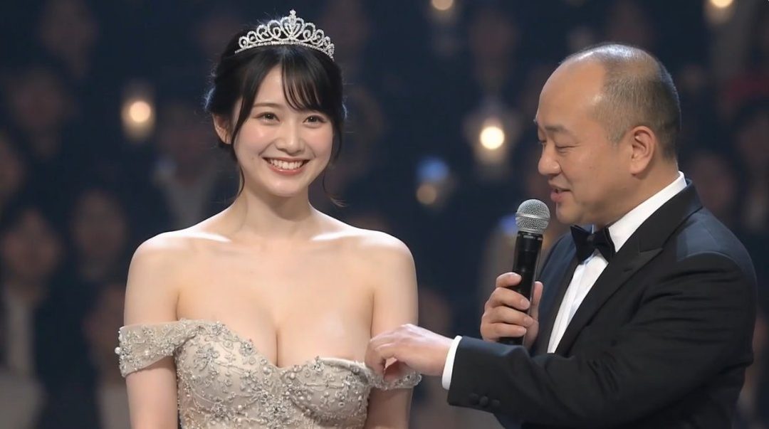 A smiling young woman wearing a tiara and off-shoulder gown stands on stage next to a man in a tuxedo holding a microphone.