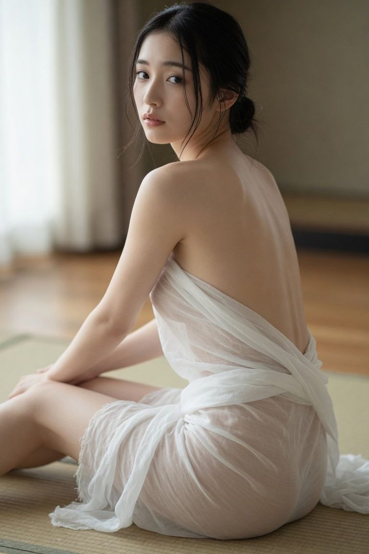 Elegant Asian woman with dark hair in an updo, wrapped in sheer white fabric, posing gracefully indoors on a tatami mat.