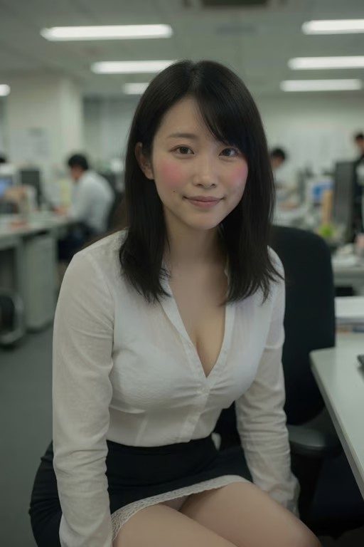 A young Japanese woman with shoulder-length black hair wearing a low-cut white blouse and black skirt, seated in a modern office setting.
