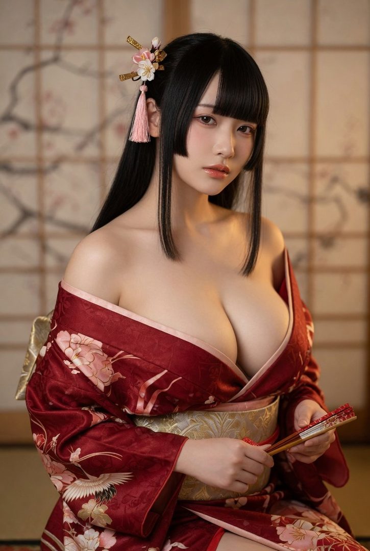 Elegant Japanese woman in a red floral kimono holding chopsticks in a traditional indoor setting.