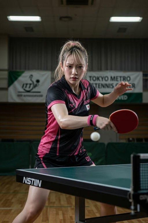 Young Japanese woman in athletic jersey playing table tennis indoors with focused expression.