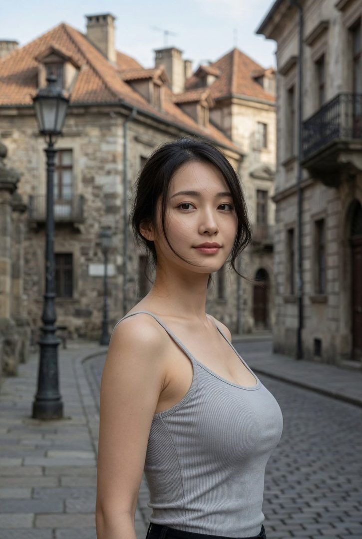 Young East Asian woman with long dark hair wearing a gray tank top stands on a historic cobblestone street lined with old stone buildings.