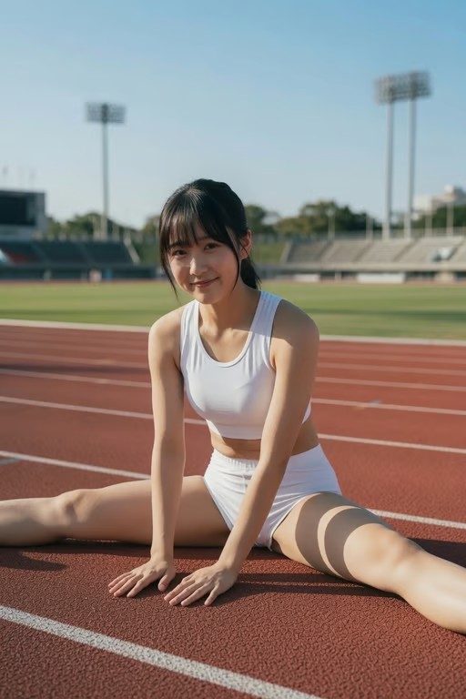 Young Asian woman in white athletic wear stretching on a stadium running track under bright daylight.