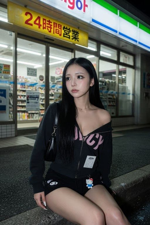 Young Japanese woman with long black hair sitting outside a 24-hour convenience store at night in an off-shoulder black top and shorts.