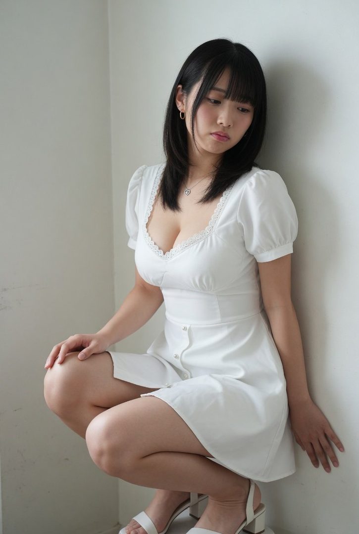 A young East Asian woman with black bob hair wearing a white lace-trimmed dress, posing crouched against a plain indoor wall.