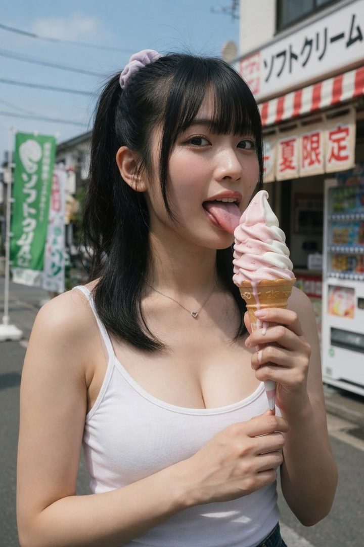 Young Japanese woman with black ponytail hair playfully licking pink soft-serve ice cream on a sunny street.