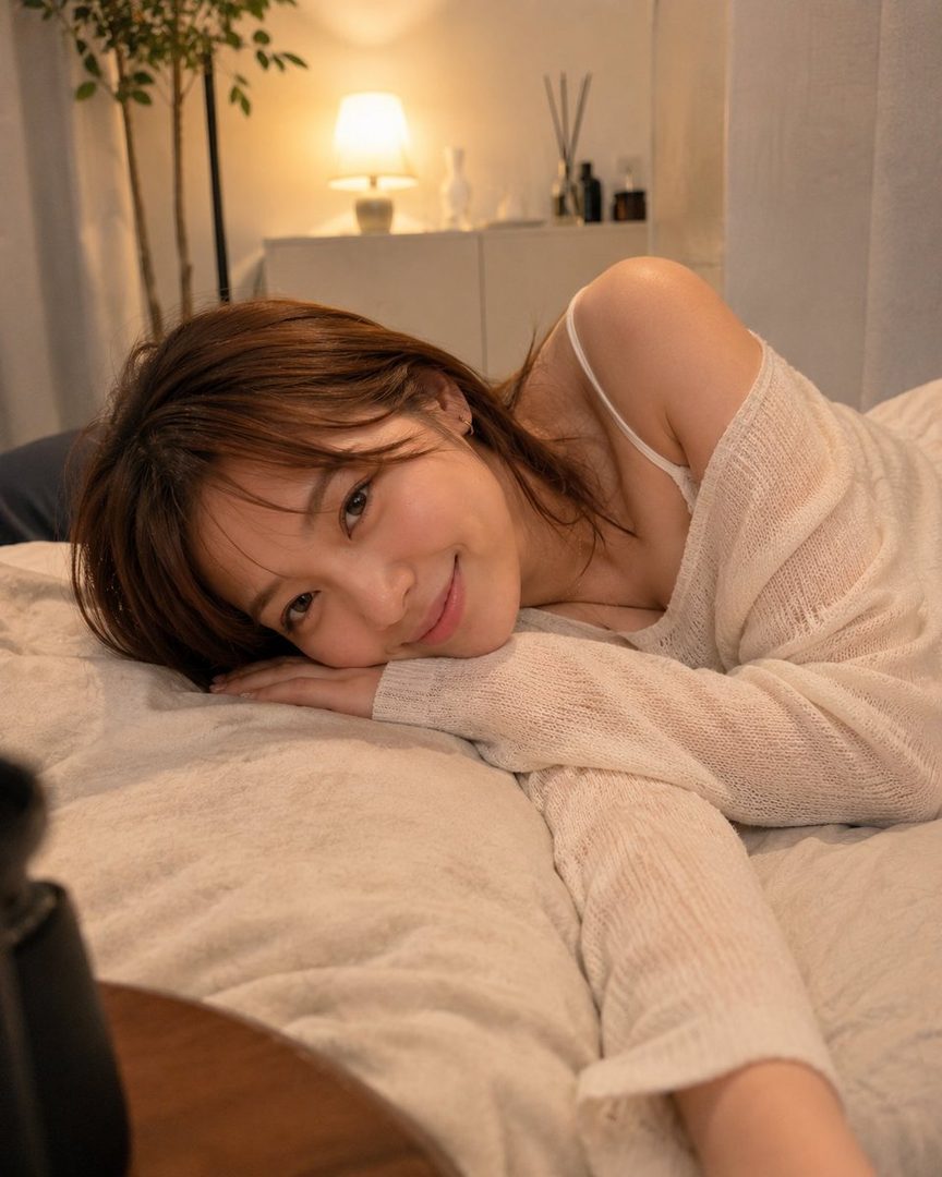 A woman with brown hair and a gentle smile lies on a bed in a cozy bedroom, wearing a white camisole and a sheer white knit cardigan.