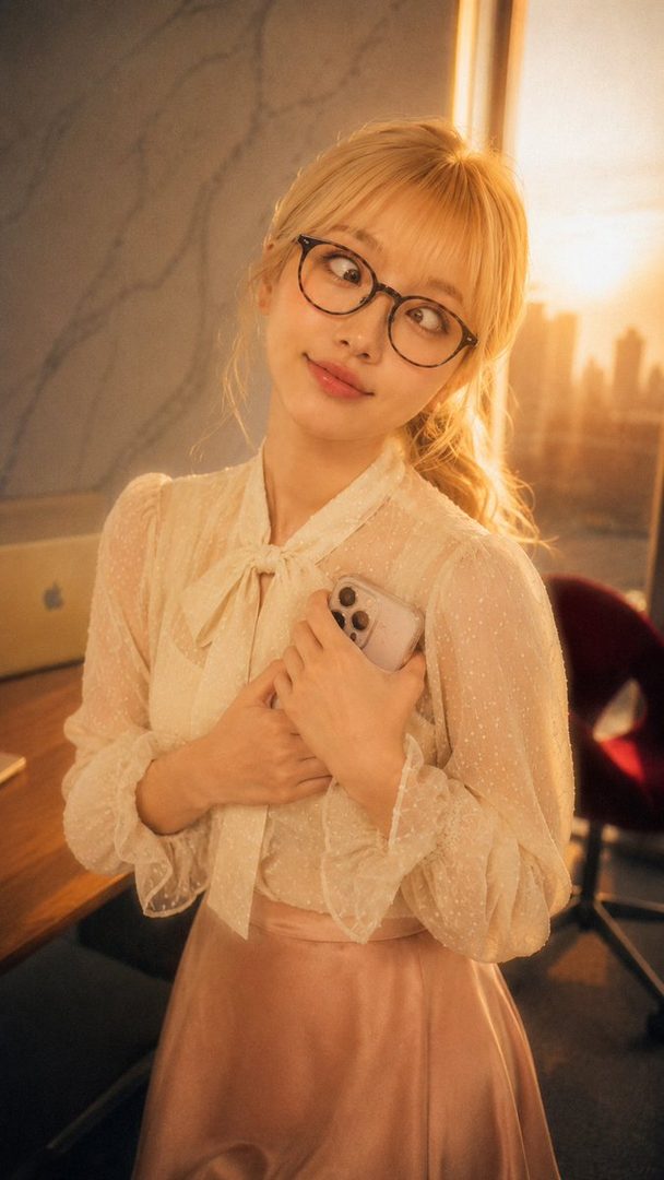 Portrait of a young blonde woman with glasses in a white bow blouse and pink skirt, holding a smartphone in a sunlit office overlooking the city.