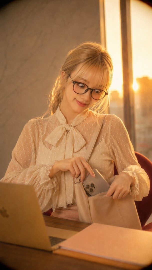 A young blonde woman wearing glasses and a sheer blouse sits at a wooden table with a laptop and bag in warm golden hour light.