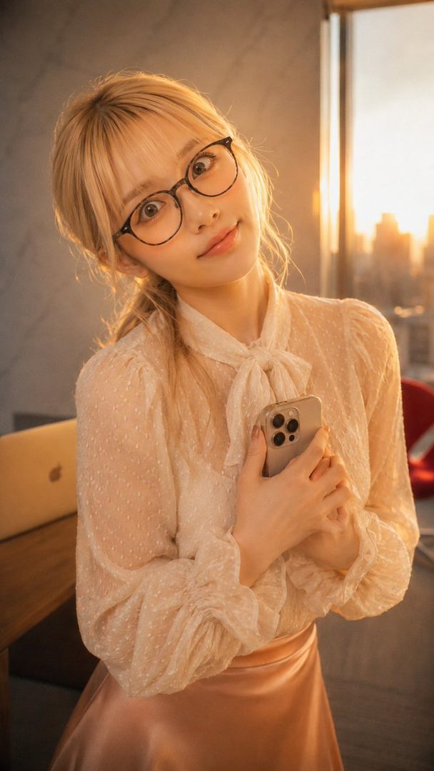 Young blonde woman with glasses in a sheer blouse holding a smartphone by a window at sunset.