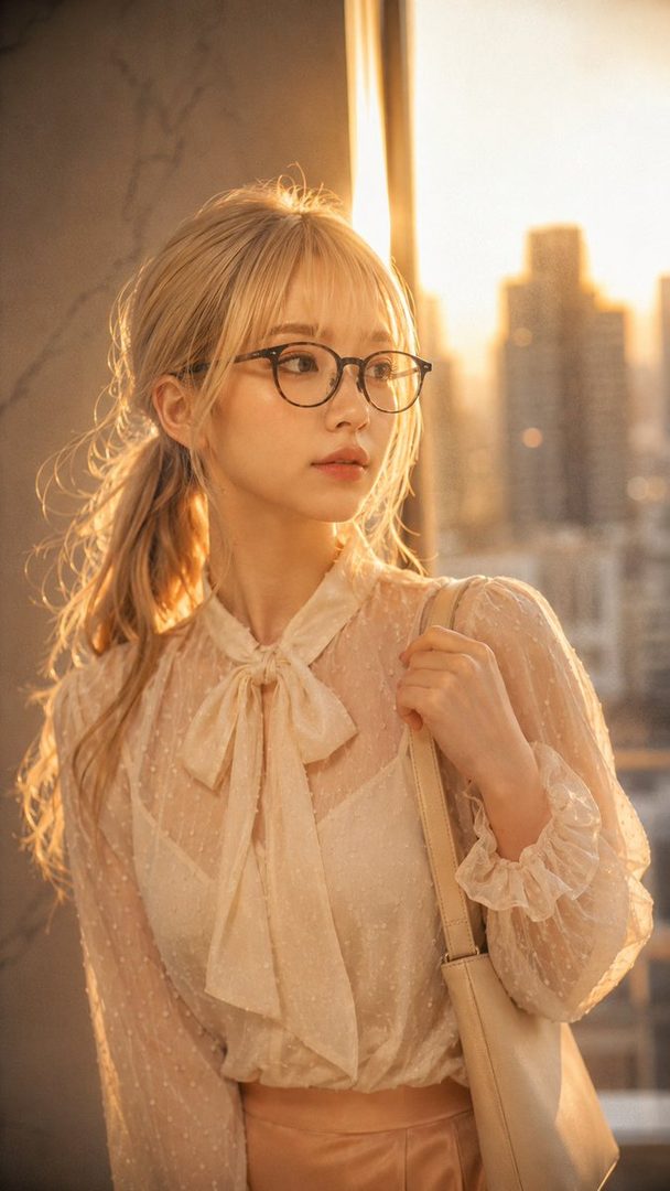 A young blonde woman with glasses wearing a sheer cream blouse with a bow tie, standing by a window overlooking a city skyline at golden hour.