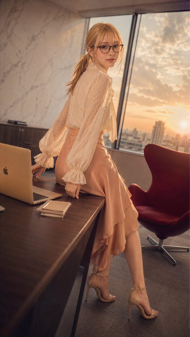 Elegant blonde woman in glasses and satin skirt posing on an office desk at sunset with city skyline view.