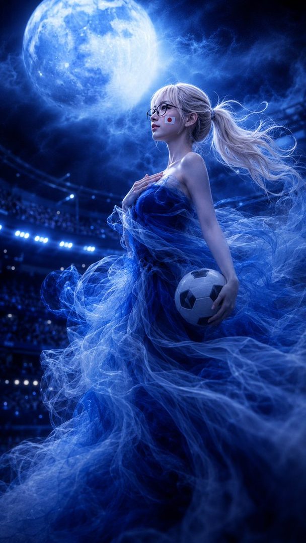 Blonde woman in a flowing ethereal blue dress holding a soccer ball beneath a luminous full moon in a nighttime stadium.
