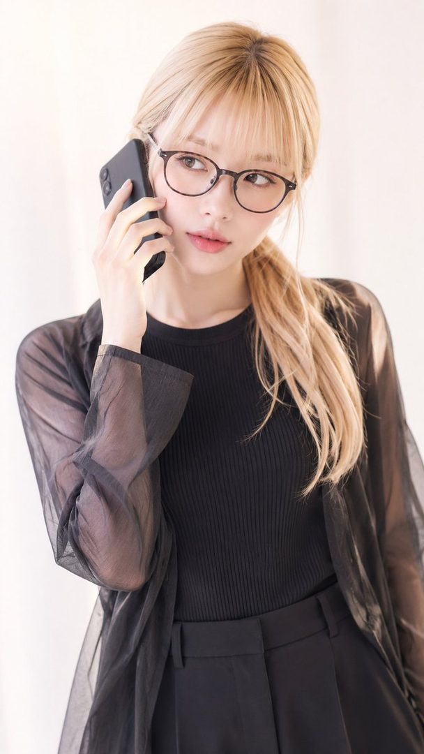 A young blonde woman with glasses in a black outfit with sheer sleeves holds a phone to her ear in a bright studio portrait.