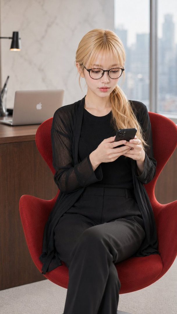 A professional blonde woman wearing glasses sits in a red modern chair, focused on her smartphone in a bright office with city views.