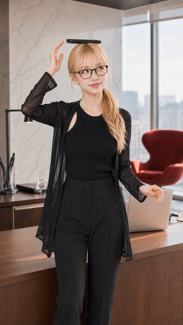 Blonde woman in black business attire balancing a smartphone on her head inside a modern high-rise office.