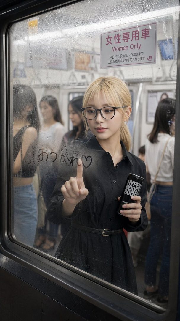 Blonde woman with glasses in a black dress posing inside a Japanese women-only train car, writing on the foggy window.
