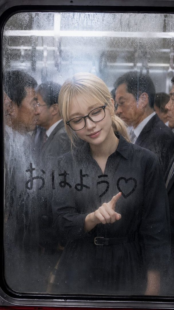 Blonde woman with glasses in a black dress drawing a morning greeting on a foggy subway window.