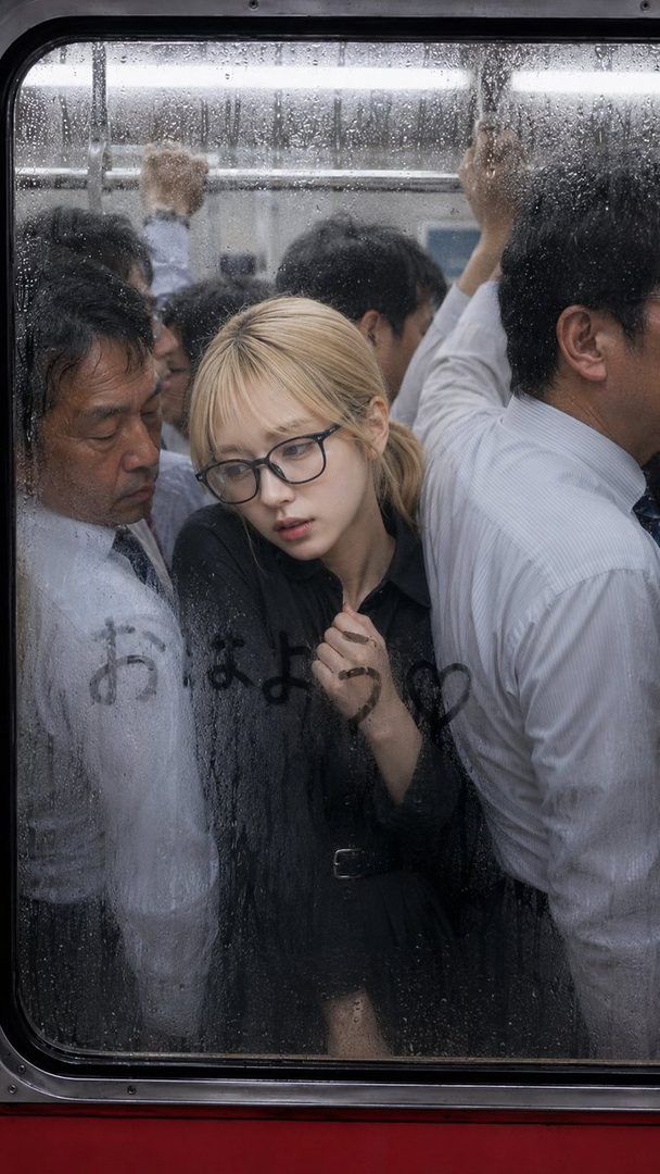Young blonde woman with glasses standing in a crowded rainy subway train car with condensation on the window.