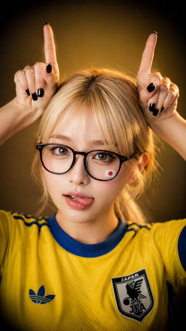 Young blonde woman in black glasses and yellow Japan national team jersey posing playfully with fingers raised against a dark studio background.