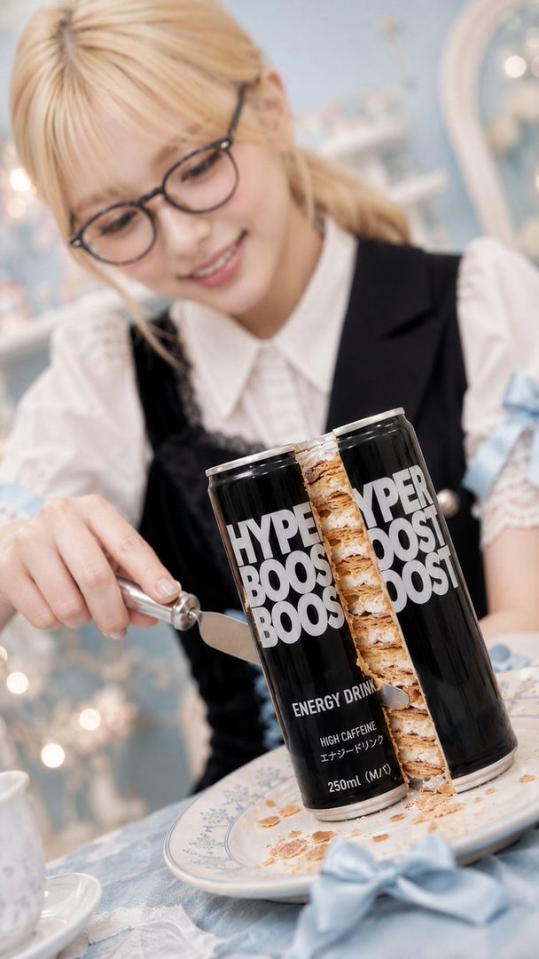 Blonde woman in glasses and blouse cutting layered cake disguised as energy drink cans in a bright studio setting.