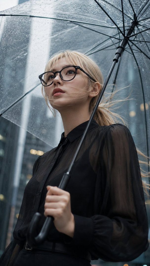 A young blonde woman wearing glasses holds a transparent umbrella while standing in the rain on a city street.