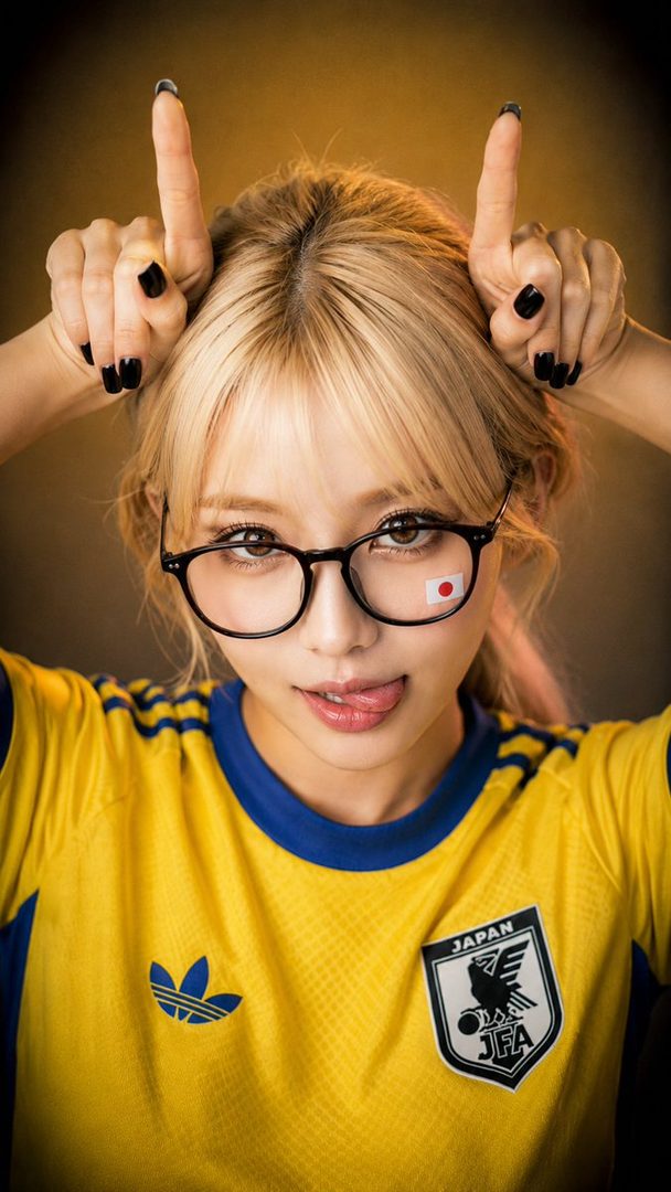 Blonde woman in yellow Japan soccer jersey making playful hand gesture with glasses and flag sticker.