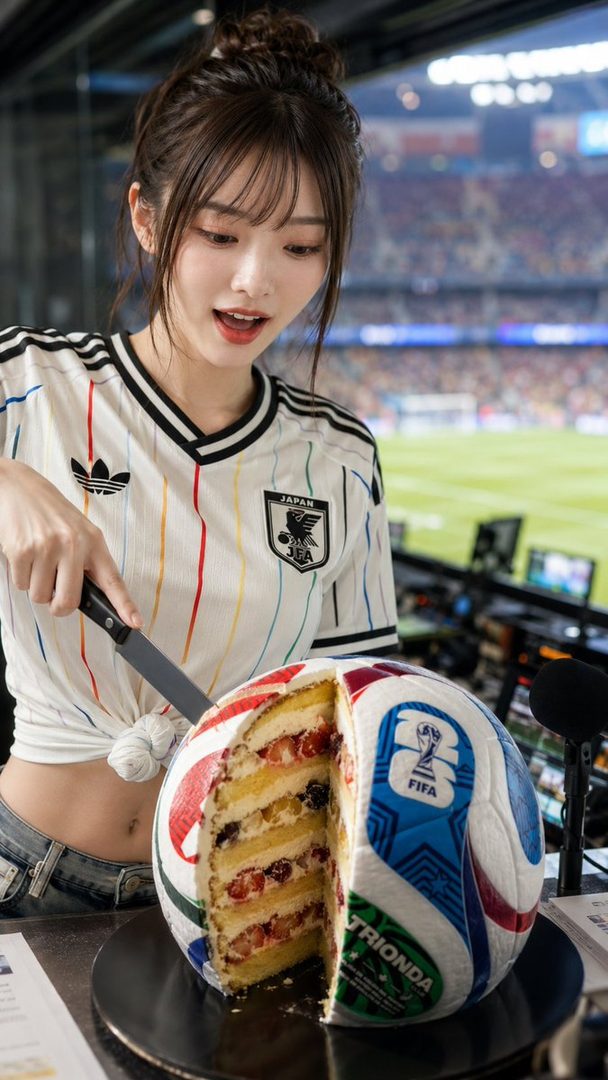 A young Japanese woman wearing a Japan national soccer jersey cuts into a detailed soccer ball cake in a broadcast studio setting.