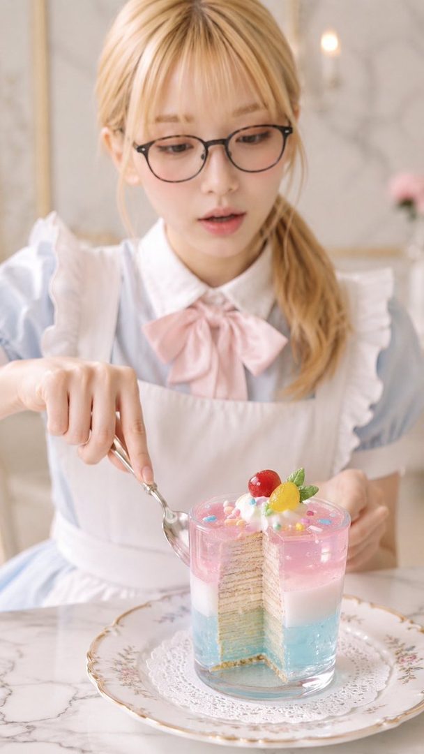 A young blonde woman wearing glasses and a frilly blue dress with apron holds a spoon while gazing at a colorful layered cake in a glass.