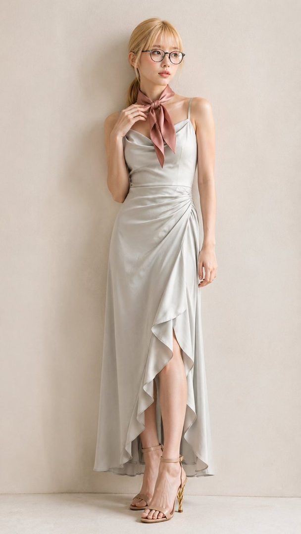 Elegant blonde woman in a light gray satin dress with glasses and a pink scarf posing in a minimalist studio setting.
