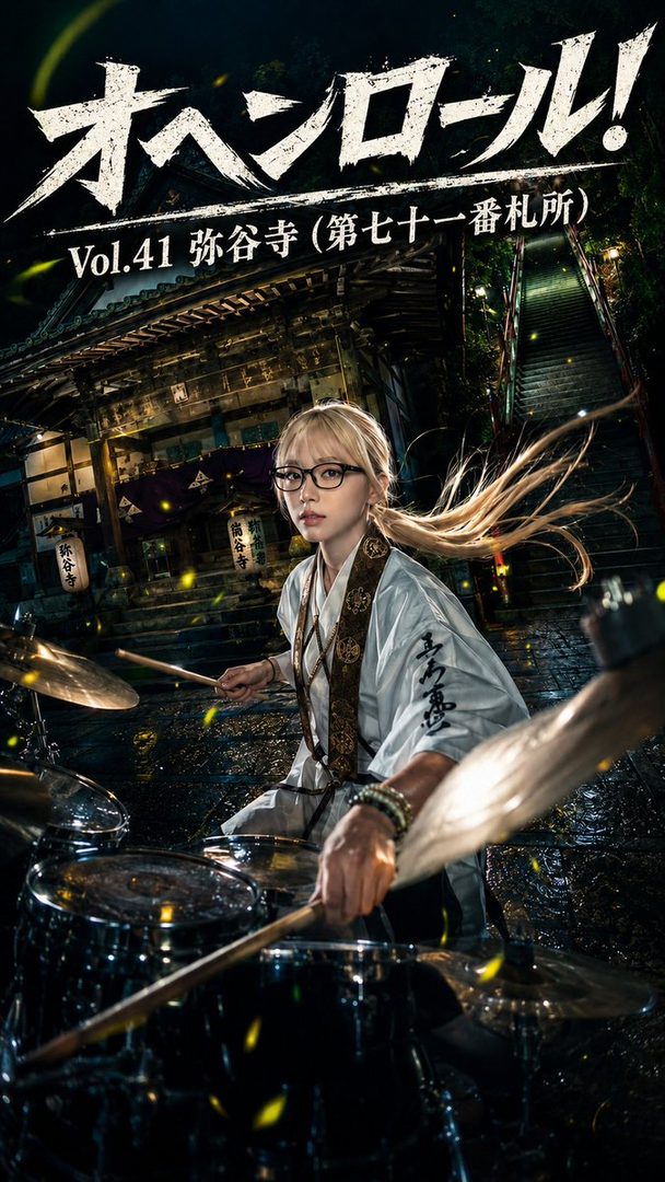 Blonde woman with glasses energetically playing drums at night in front of a traditional Japanese temple.