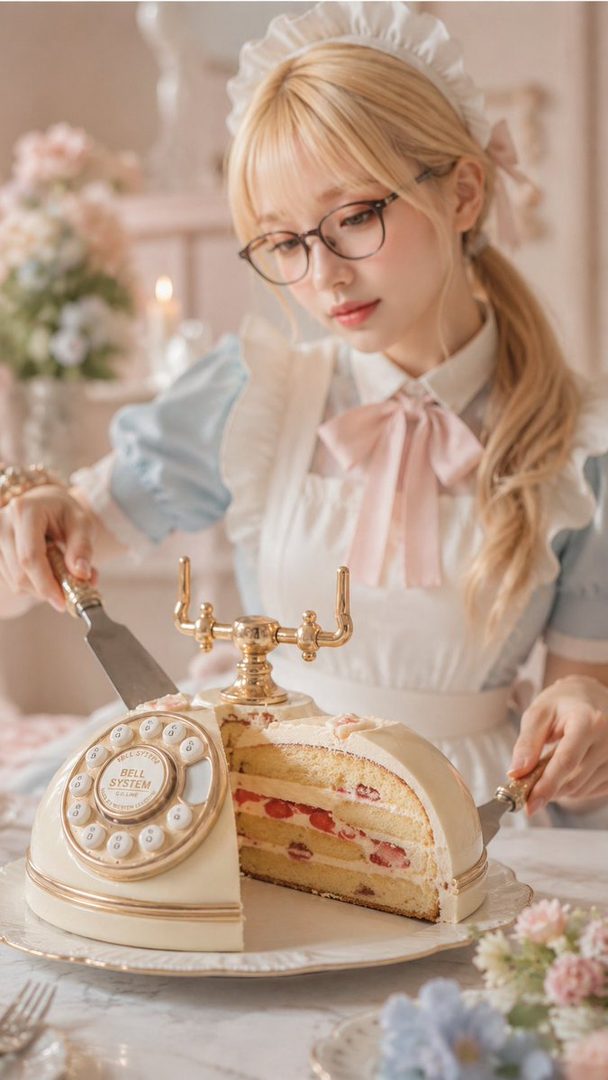 Blonde woman in glasses and frilly maid outfit carefully slicing a vintage telephone-shaped strawberry cake in a pastel studio setting.