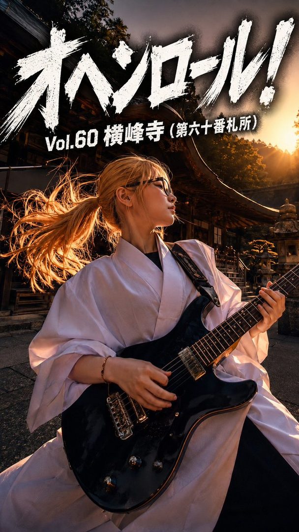 Young blonde woman in white kimono playing electric guitar at a Japanese temple during golden hour sunset.