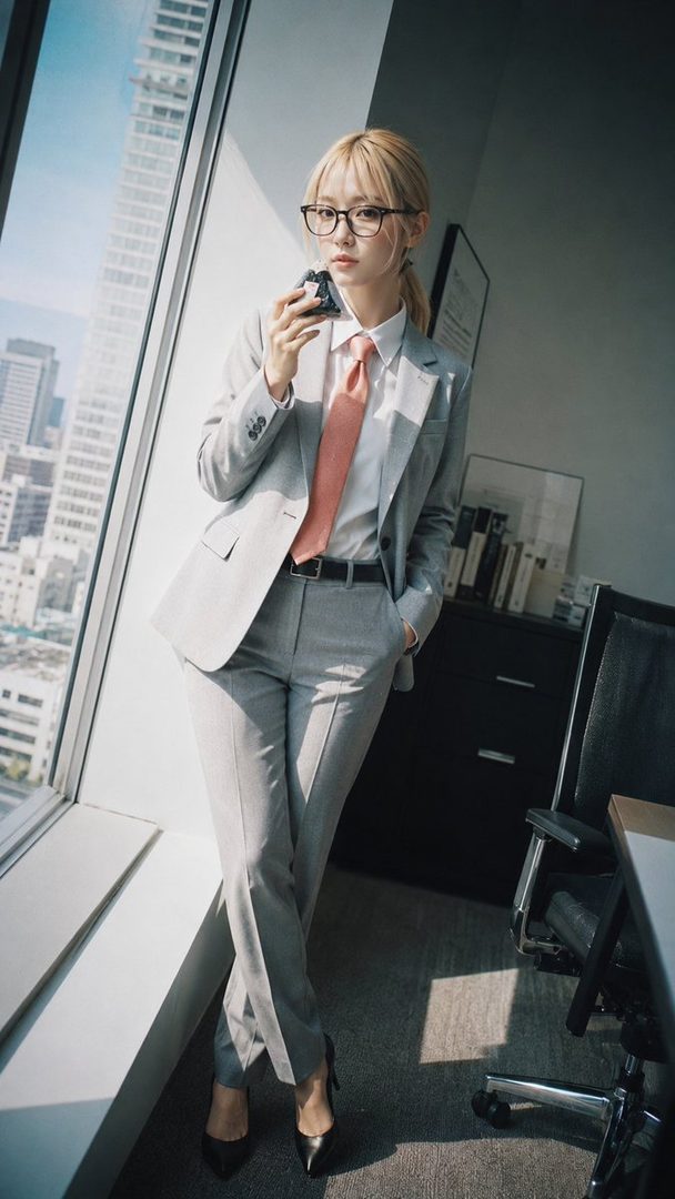 A professional blonde woman in a tailored gray suit and glasses posing confidently in a sunlit high-rise office overlooking the city.