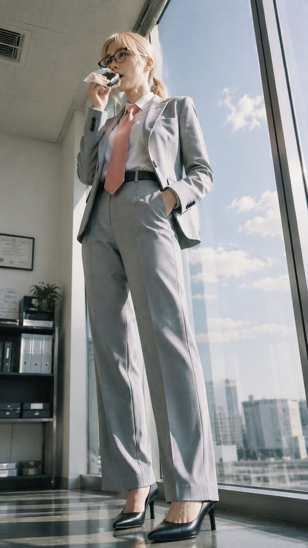 Professional blonde woman in a gray pantsuit eating an onigiri while standing in a bright modern office with large windows overlooking the city.