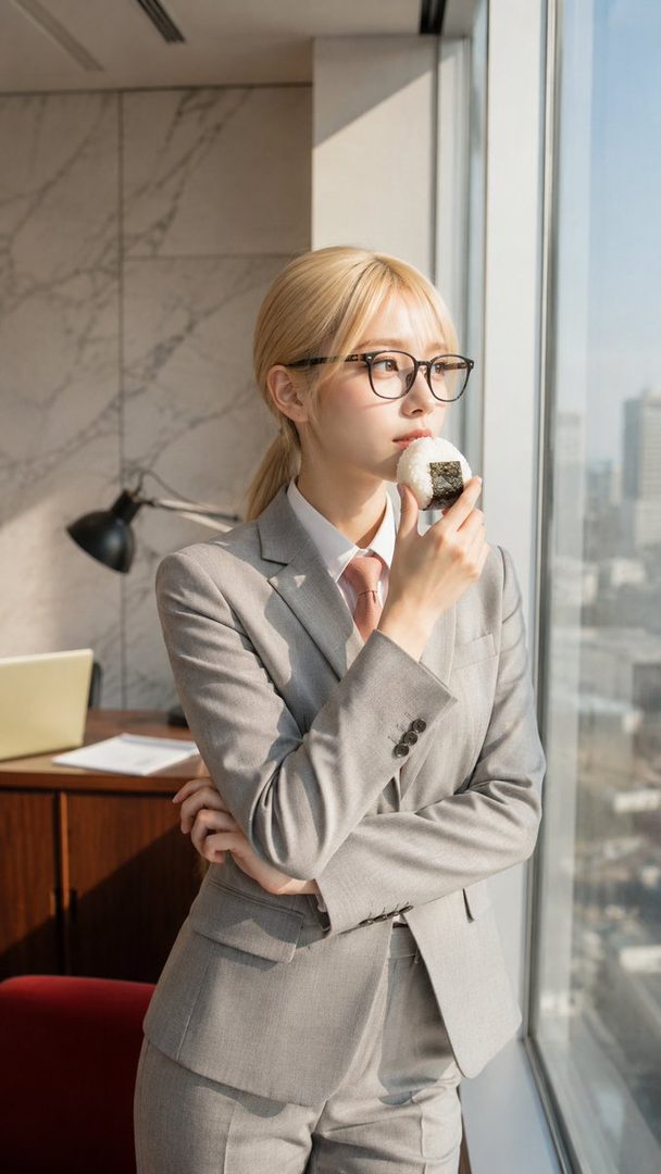 Professional blonde woman in a gray business suit holding an onigiri while standing by a large office window overlooking the city.