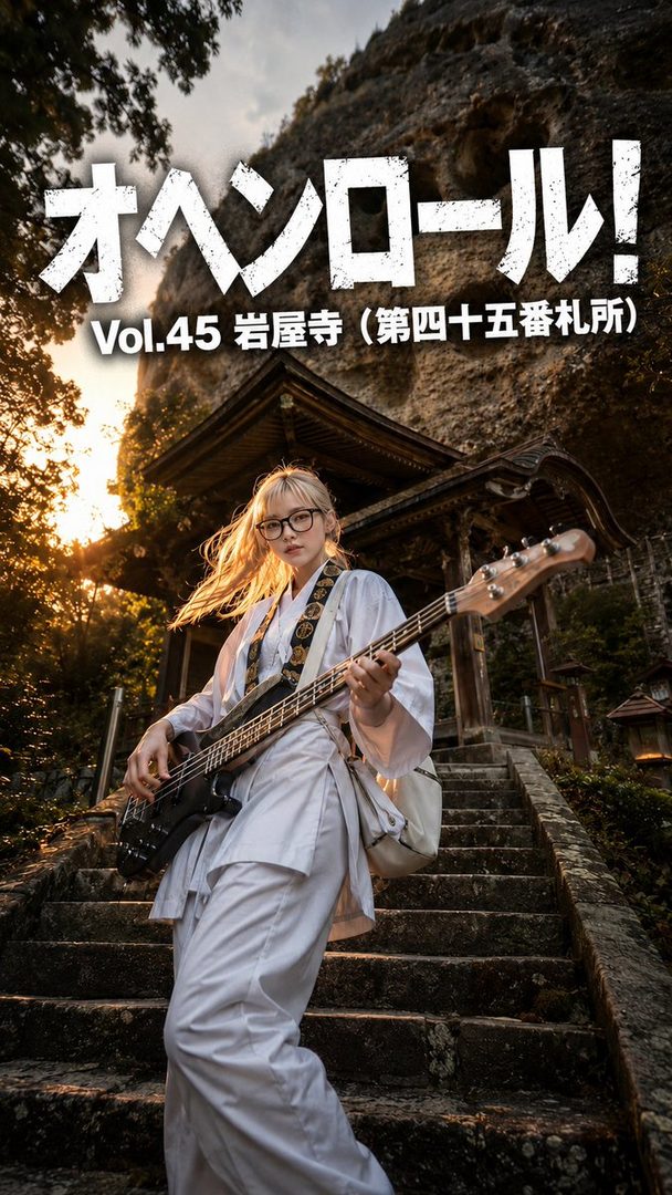 Blonde woman with glasses playing bass guitar on ancient temple stone steps at golden hour.