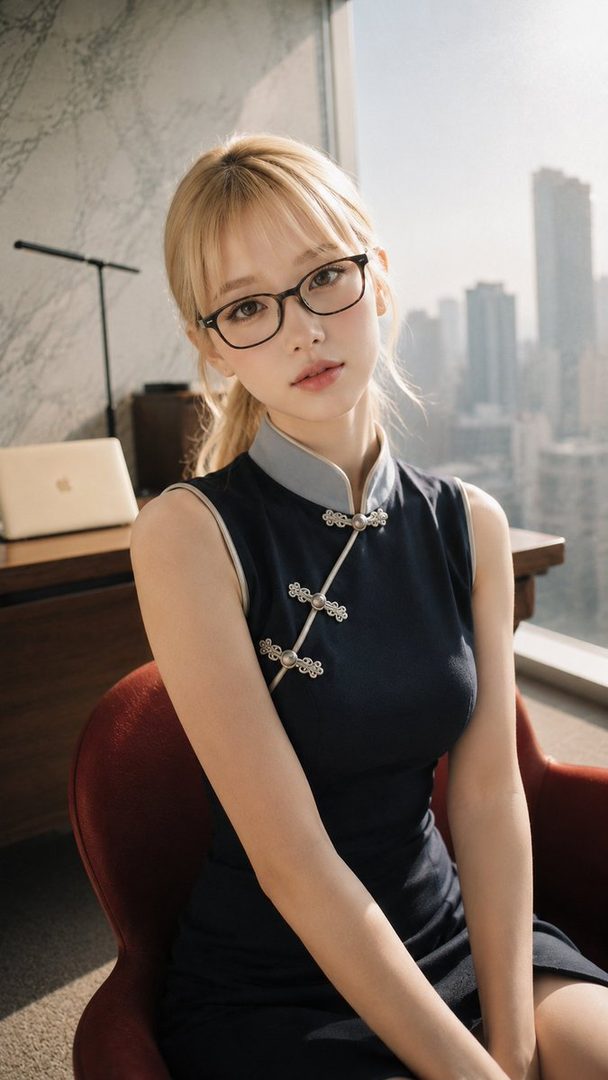 Elegant young woman with blonde hair and glasses wearing a black sleeveless qipao dress, seated in a modern high-rise office overlooking a city skyline.