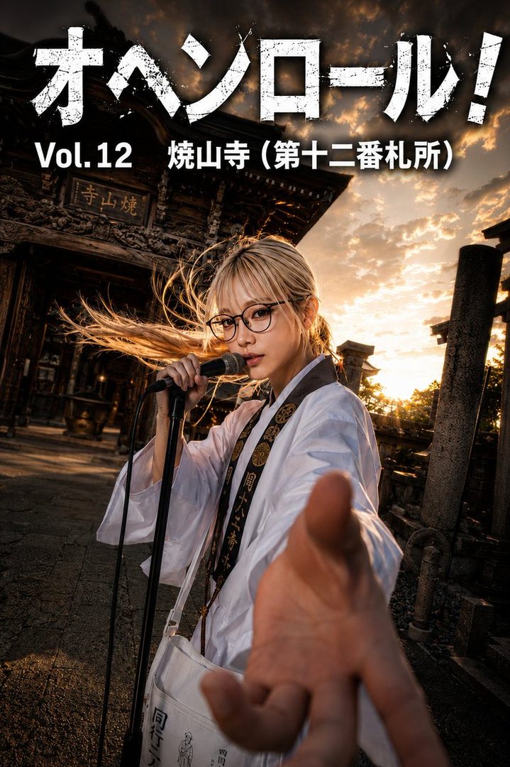 Blonde woman with glasses in white robes holding a microphone at a Japanese temple during a dramatic golden hour sunset.
