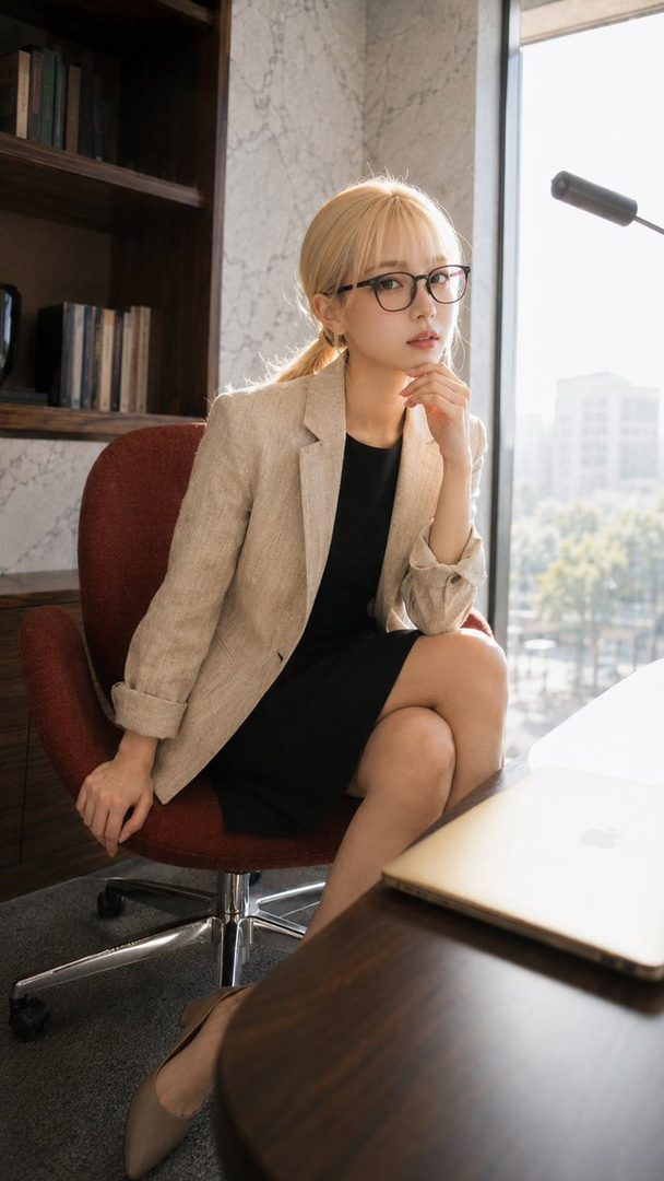 Elegant blonde woman with glasses in a beige blazer and black dress, seated thoughtfully in a modern office chair beside a large window overlooking the city.