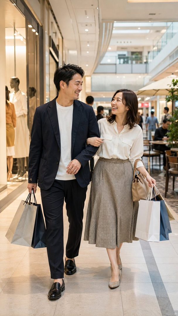 A smiling Japanese couple walking hand-in-hand through a bright shopping mall while carrying multiple shopping bags.